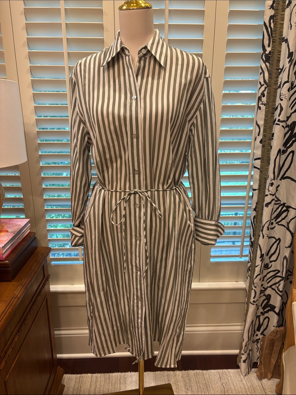 Vince Olive and White Striped Midi Shirt Dress